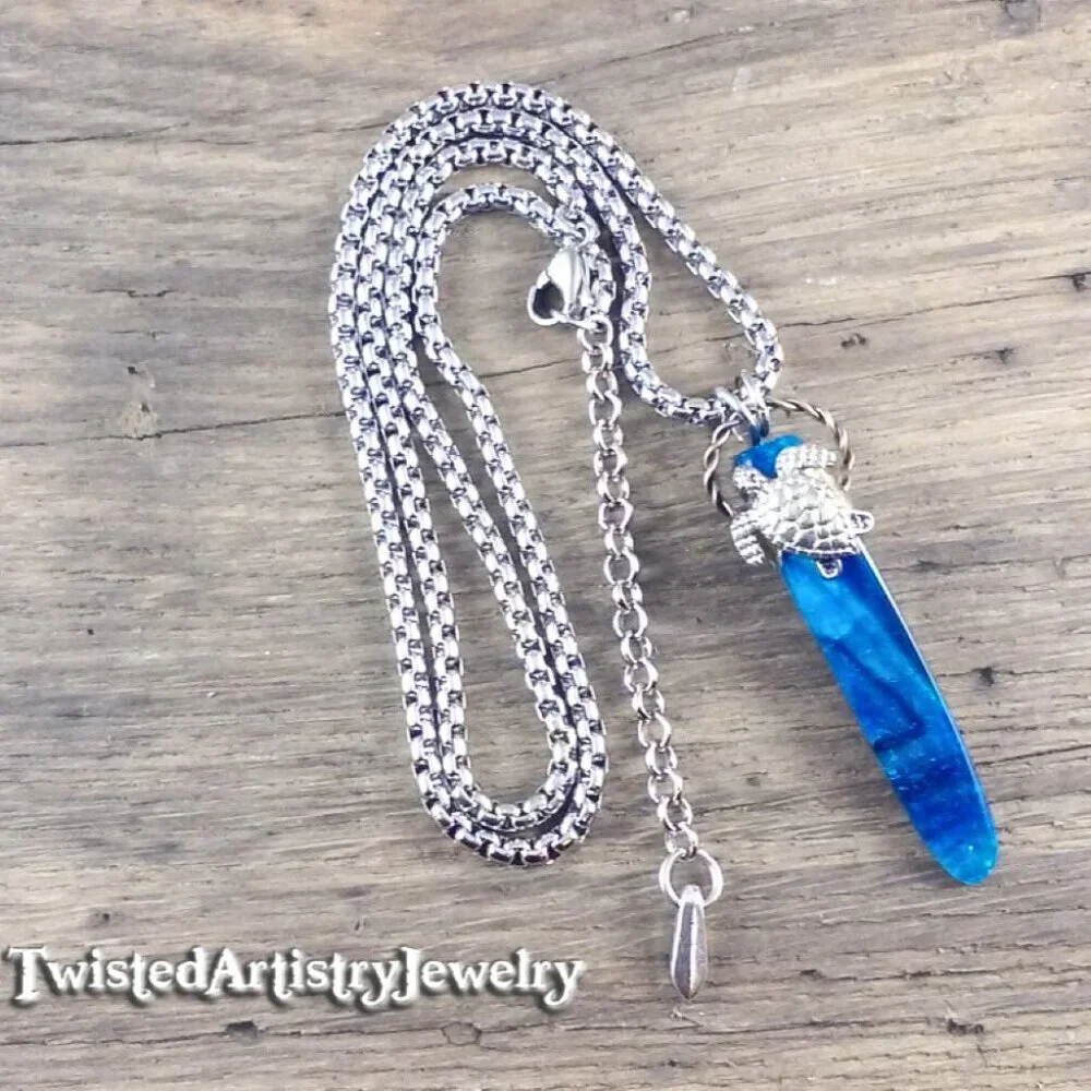 Sea Turtle and Blue Agate Shard Pendant Necklace